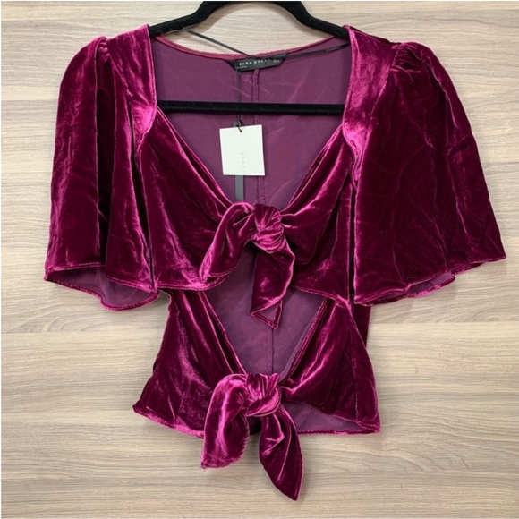 NWT Zara Plum Velvet Silk Tie Front Crop Top Sz XS - Picture 12 of 12